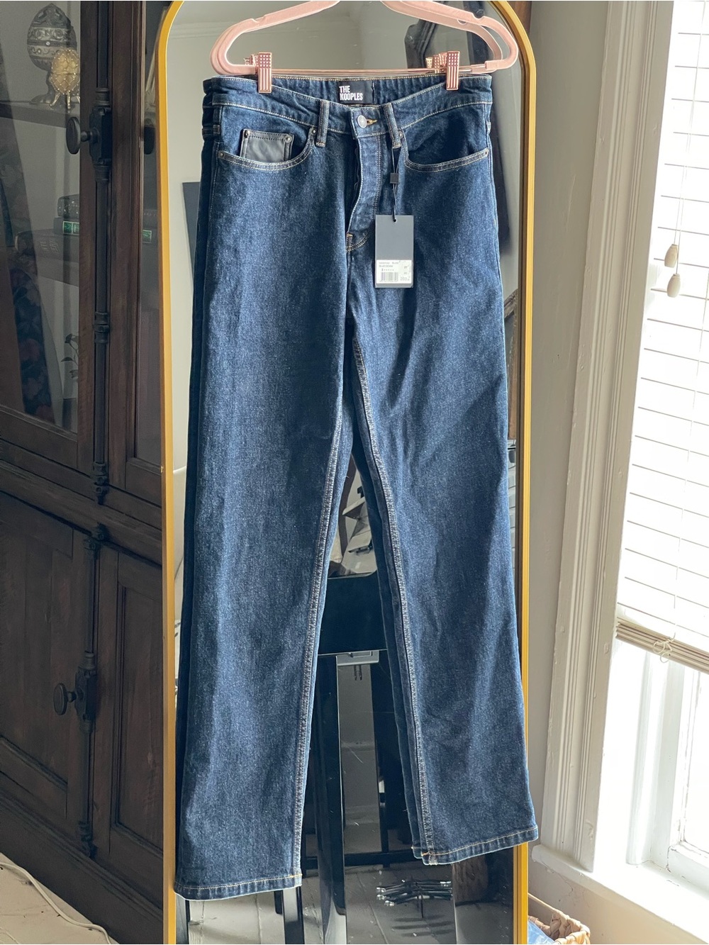 The Kooples NWT Dark Blue Wash Straight-Leg Lamb Leather Patch Skull Deail Jeans
